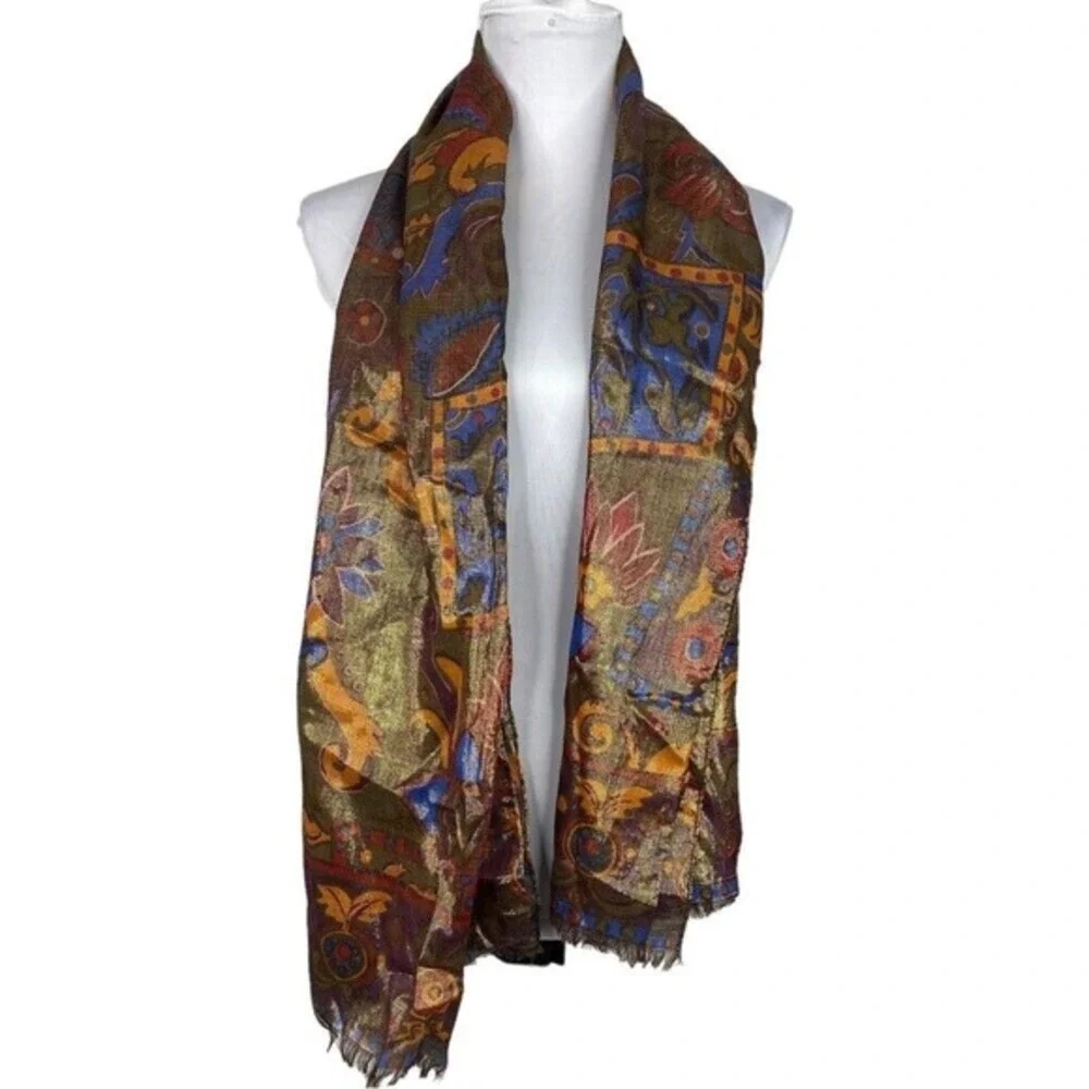 Bally‎ Vintage Gold Metallic Artisan Print Scarf Wool Silk Made in Italy 26x60